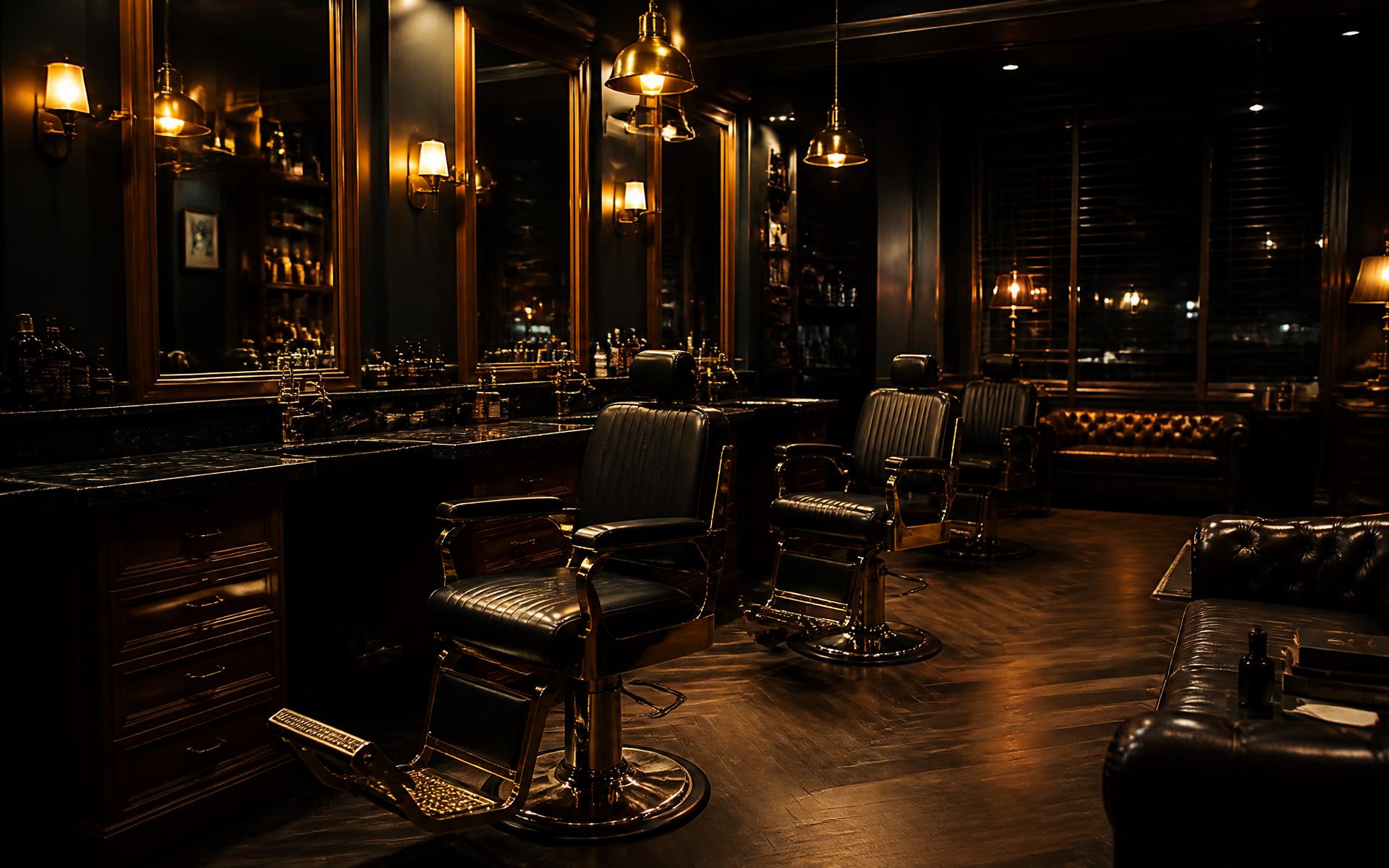 Interior of Ruben Cortes barbershop with leather chairs and brass lighting